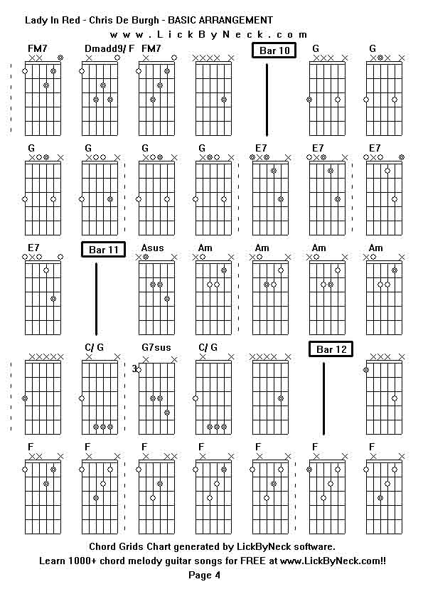 Chord Grids Chart of chord melody fingerstyle guitar song-Lady In Red - Chris De Burgh - BASIC ARRANGEMENT,generated by LickByNeck software.